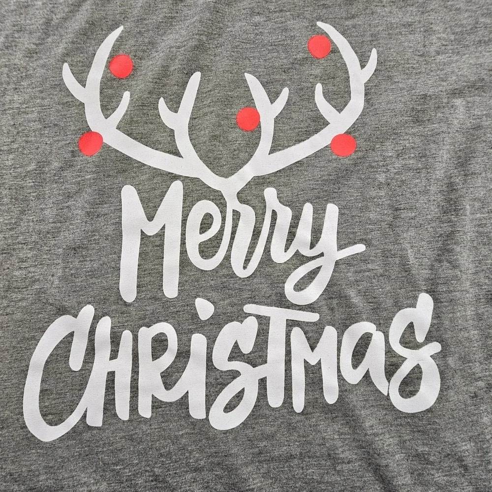 Merry Christmas Deer Antlers Gray Long Sleeve Polyester Blend Pajama Top Adult L